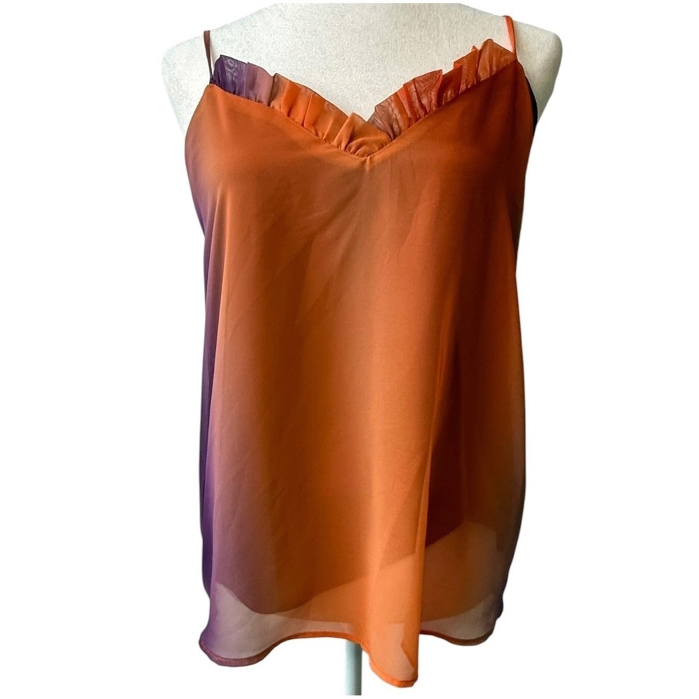 Adrienne Women Orange Purple Ombre Ruffle V-Neck Camisole Tank Top Size Medium - Picture 2 of 7